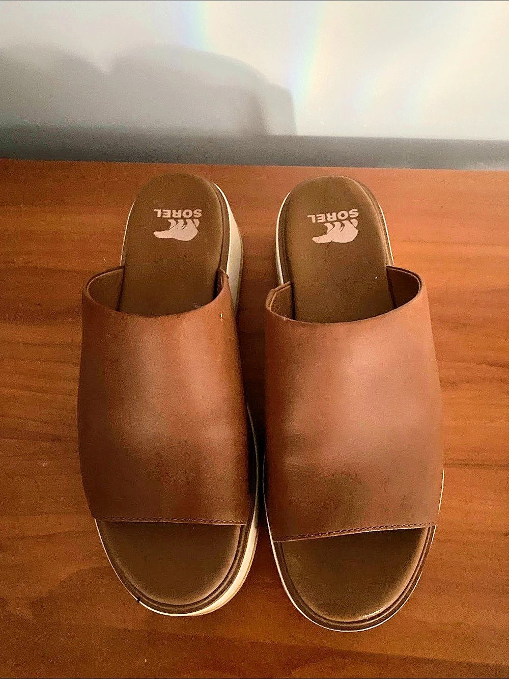 Sorel Cameron Flatform Slide Sandal Brown & White Platform Mules